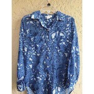 L.I.F.E. Blue Purple Ish Lightweight Floral Print Pockets Womans Roll Tab Blouse